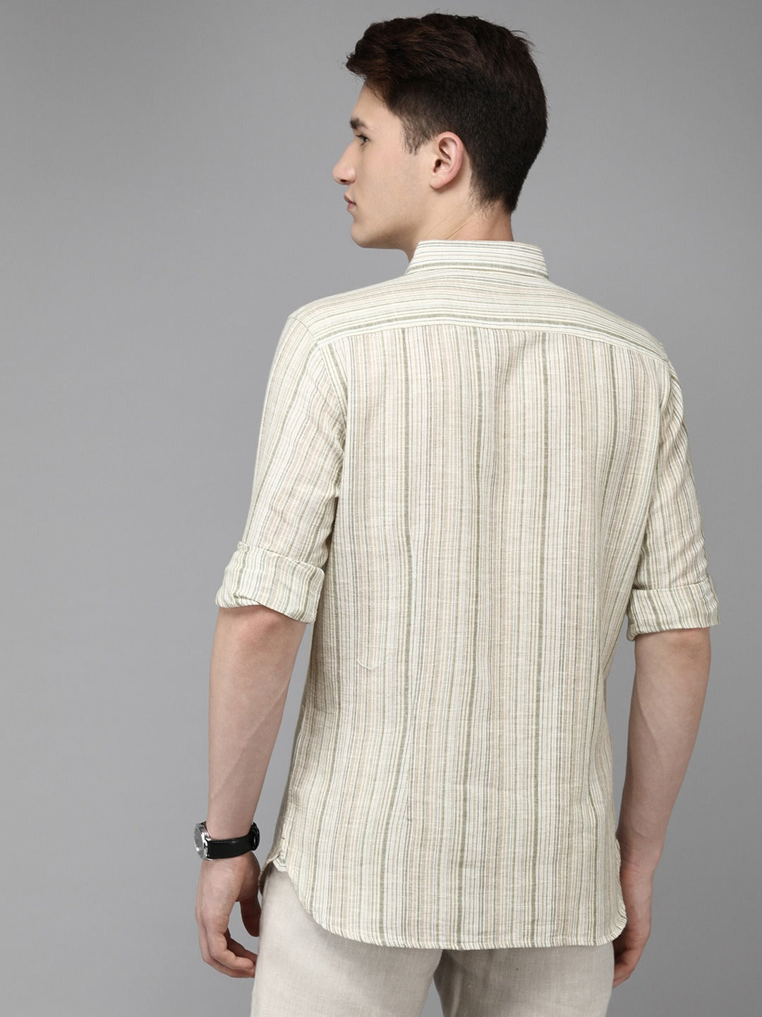 Ingo - Men Cream Striped Slim Fit Cotton Linen Casual Shirt
