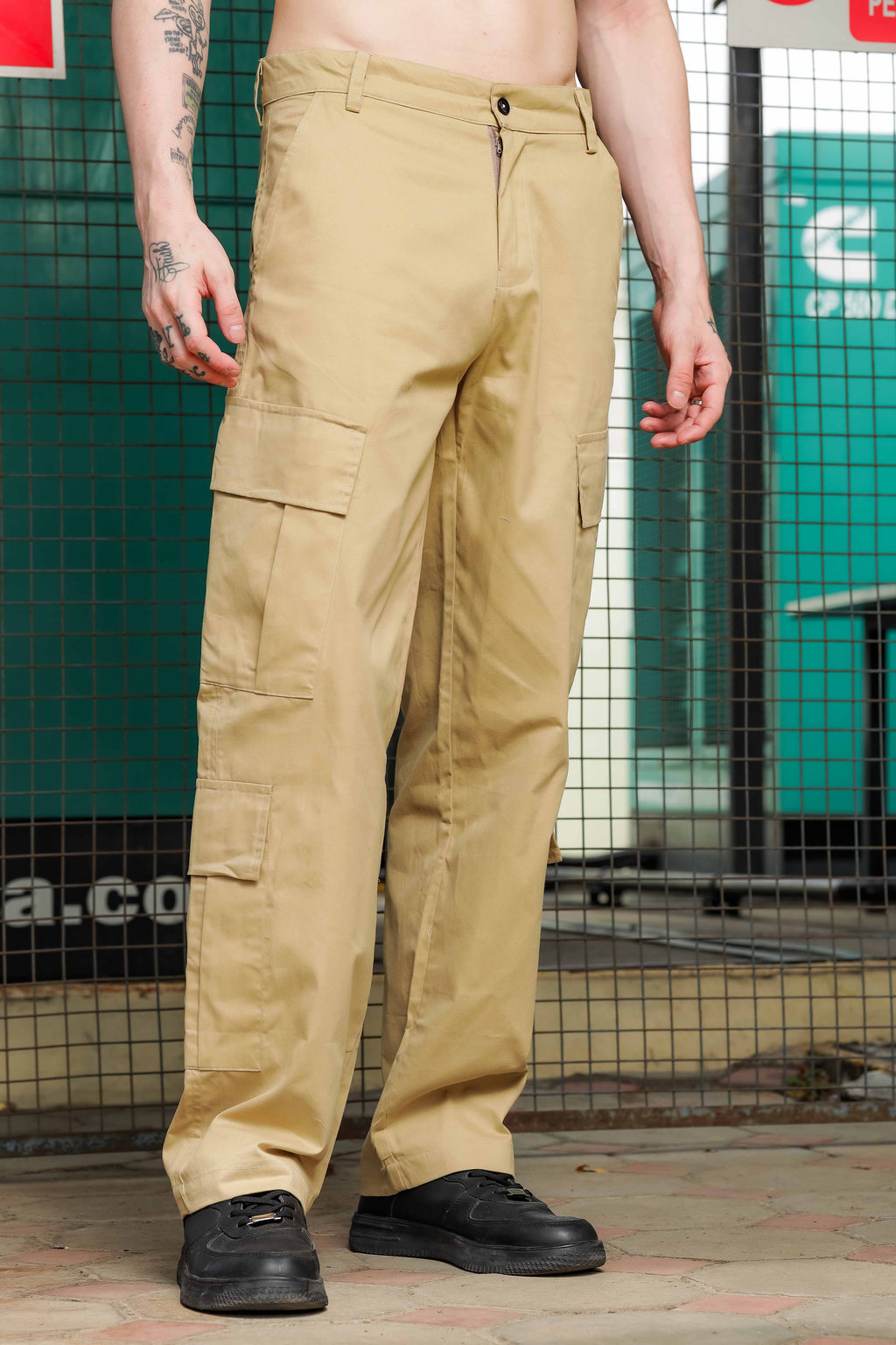 Unisex Baggy fit Pure Cotton Khaki 8-Pocket Cargo Trousers