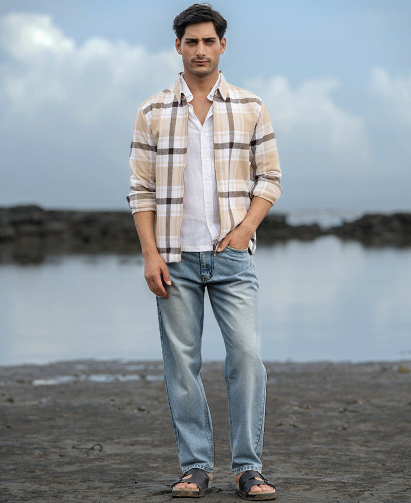 Beige Checks Zipper Shirt