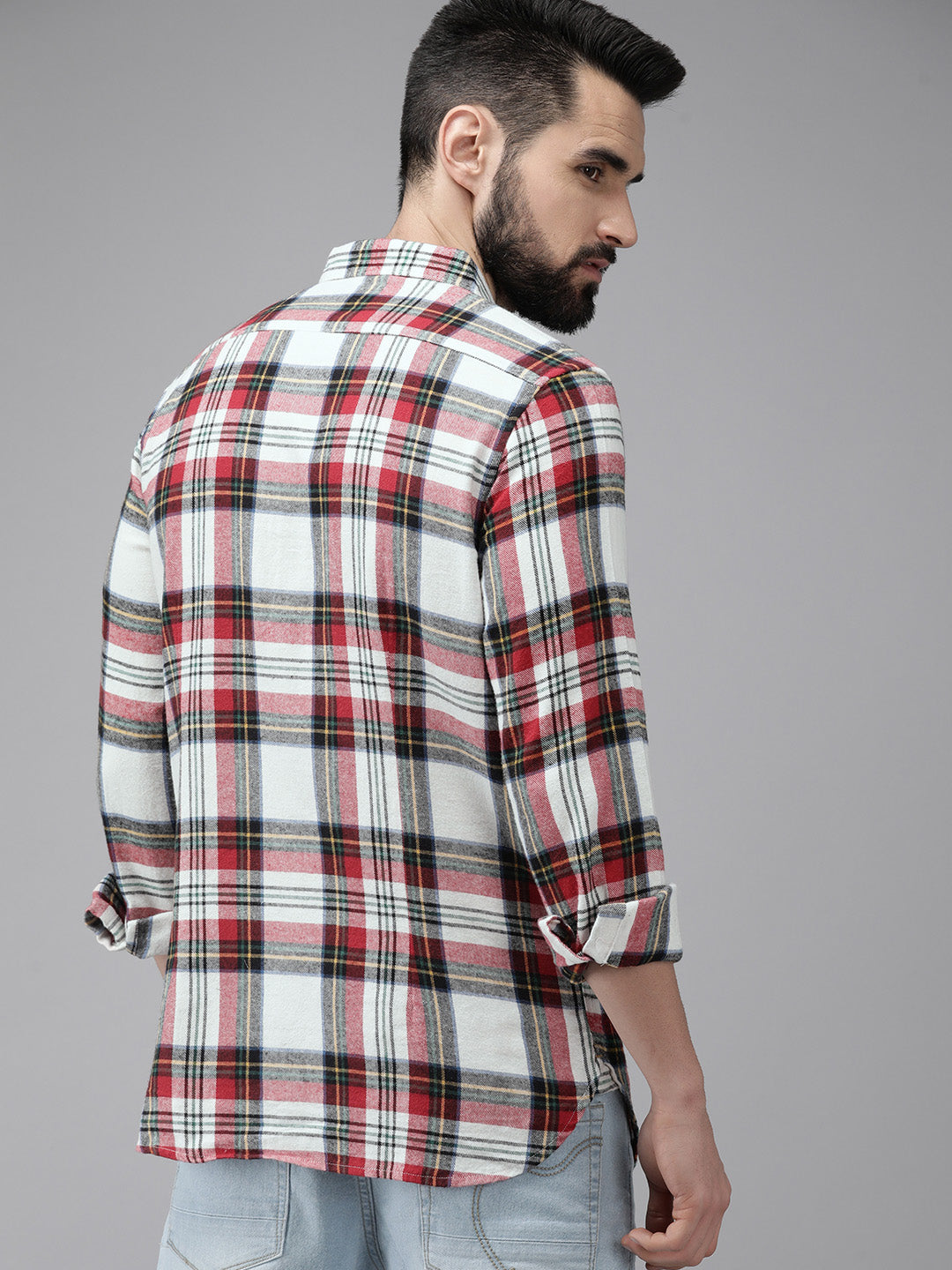 Ravelo - Men White & Red Slim Fit Checked Cotton Flannel Casual Shirt