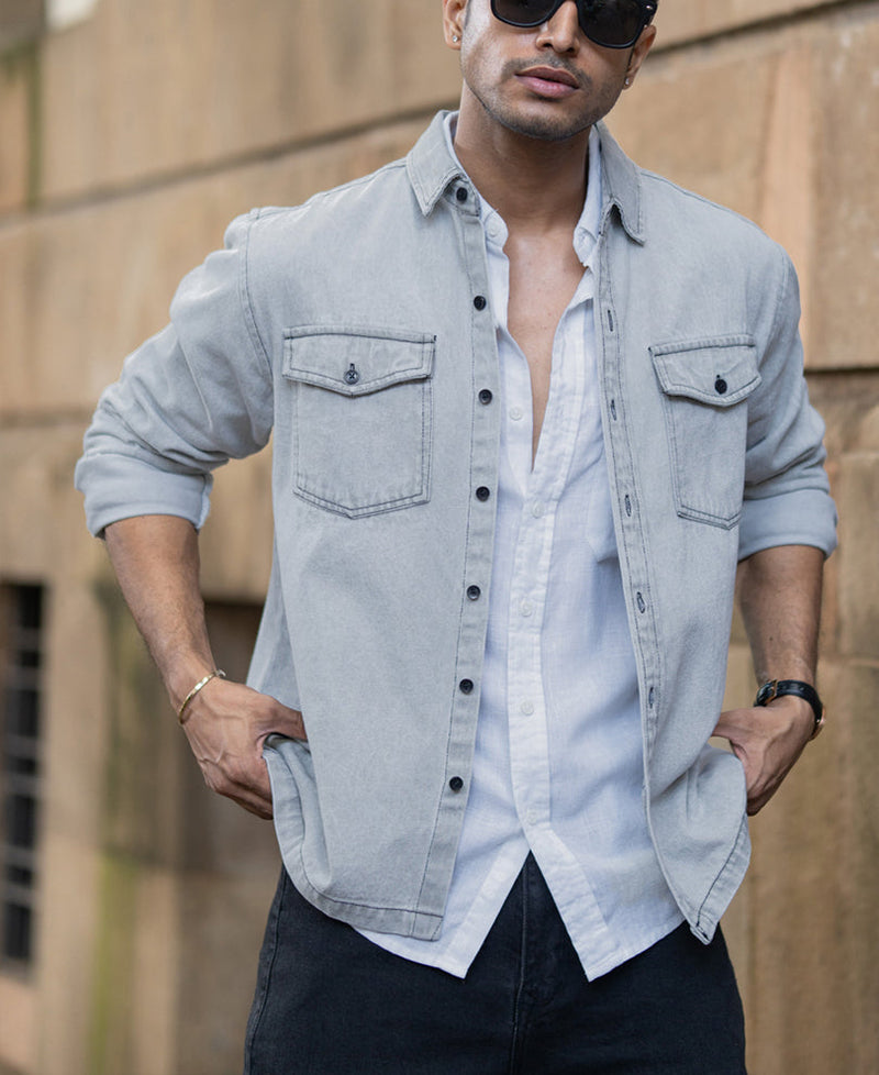 Grey Denim Shacket With Pockets