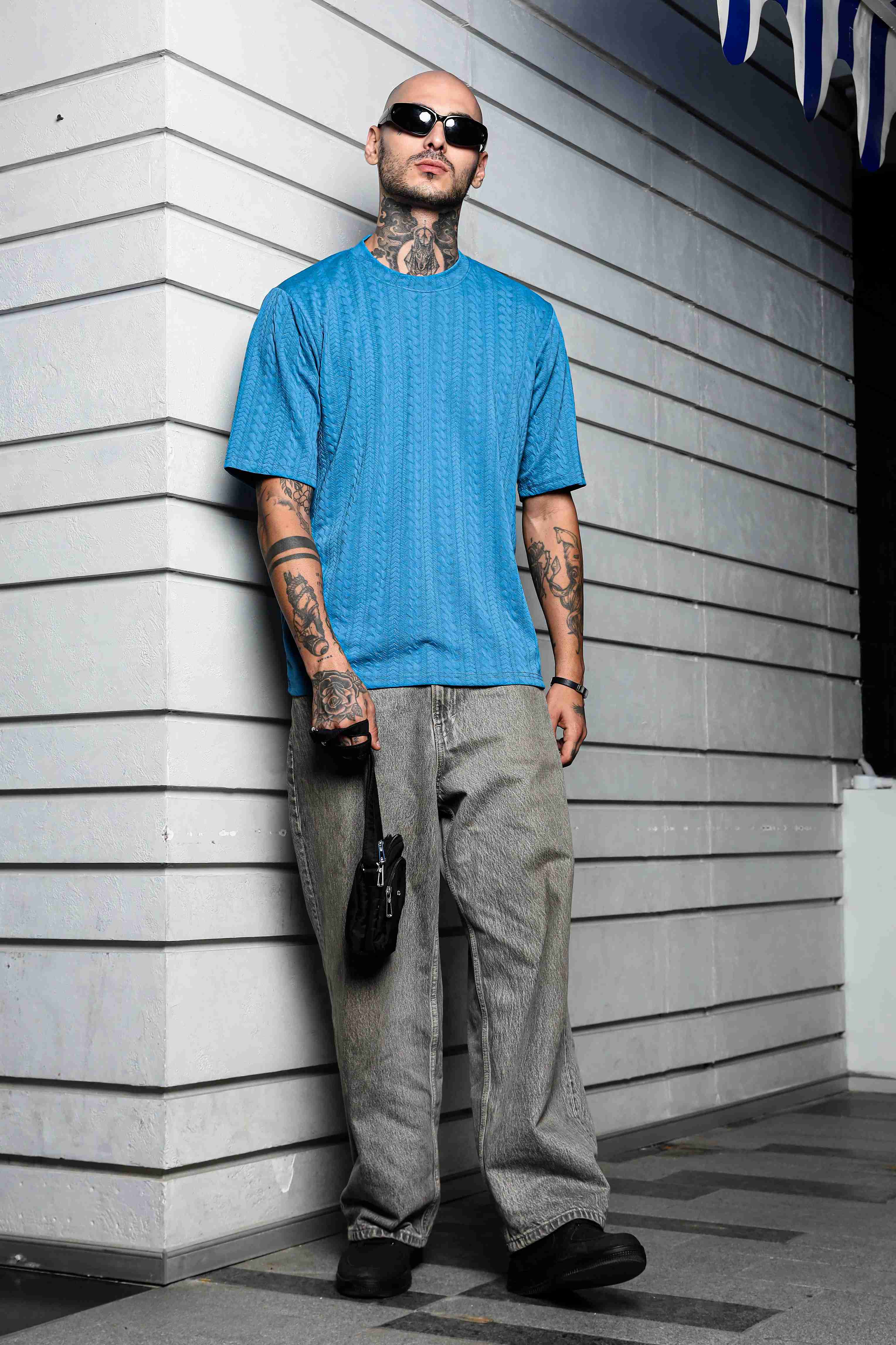 Unisex Blue Textured Round Neck Oversized T-shirt