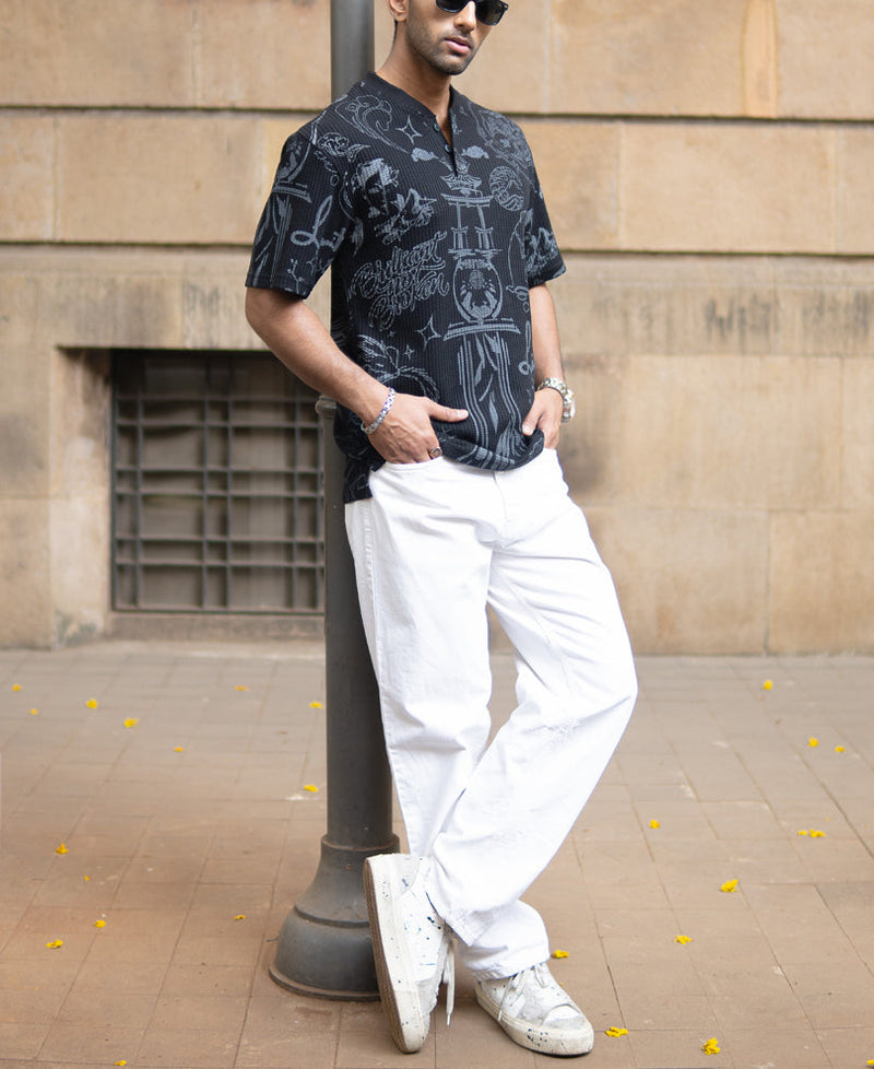 Black Japanese Print Henley T-Shirt