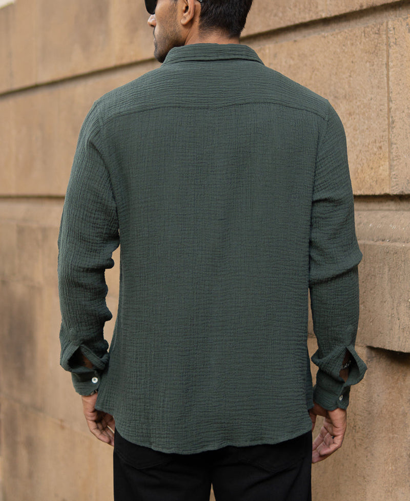 Olive Crinkled Shirt With Pockets