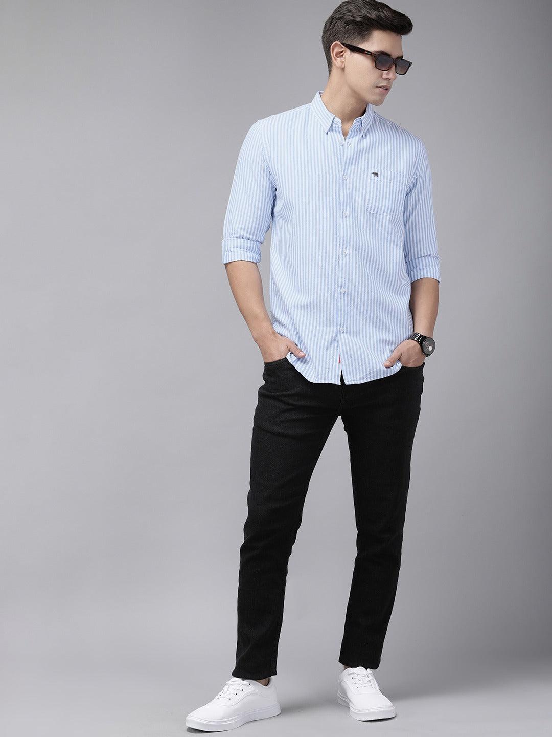 Cantos - Men Blue & White Cotton Slim Fit Striped Casual Shirt