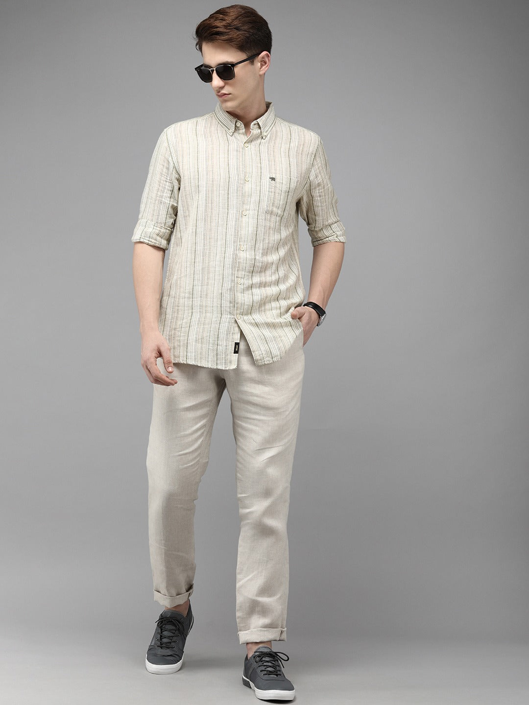 Ingo - Men Cream Striped Slim Fit Cotton Linen Casual Shirt