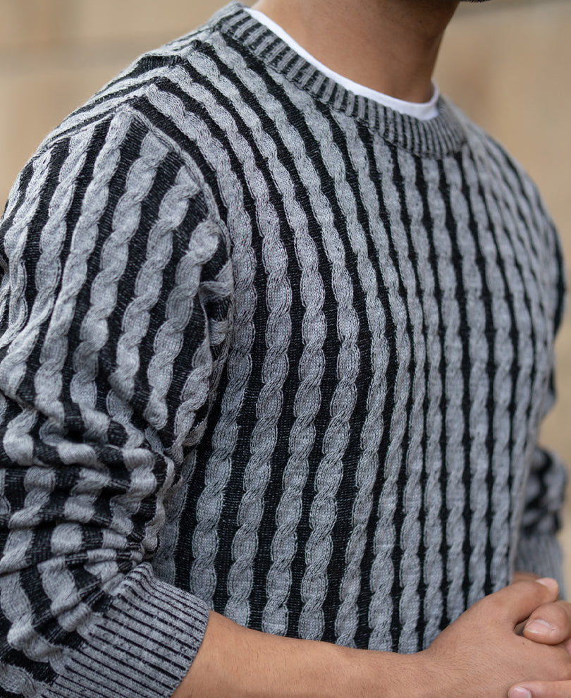 Grey And Black Cable Knit Sweater