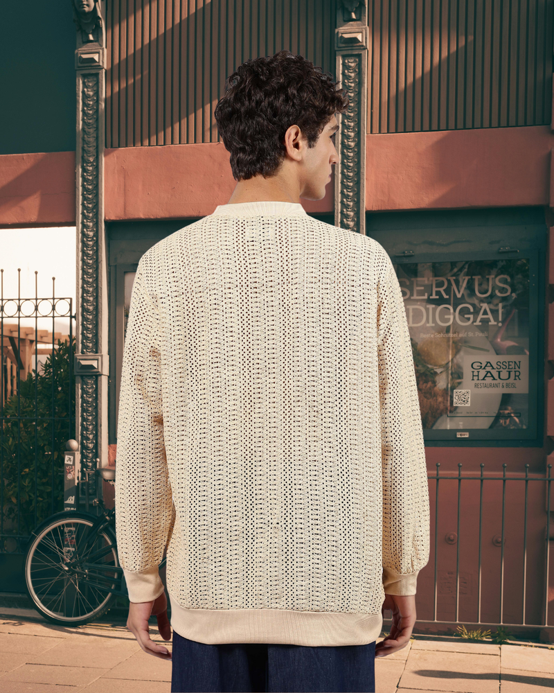 Beige Oversized Fit Premium Cotton Crochet T-Shirt