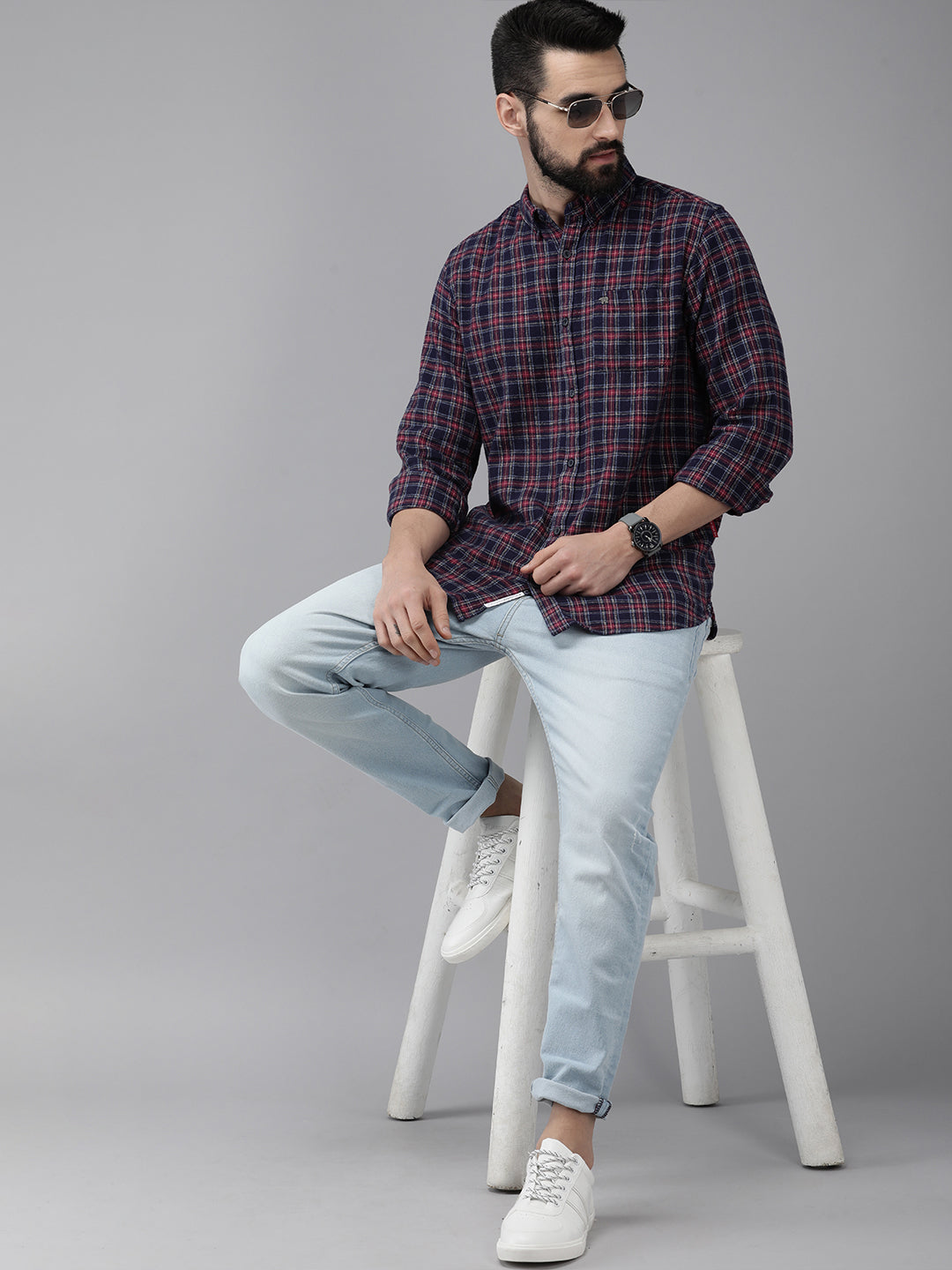 Aride - Men Navy Blue & Maroon Slim Fit Checked Flannel Cotton Casual Shirt