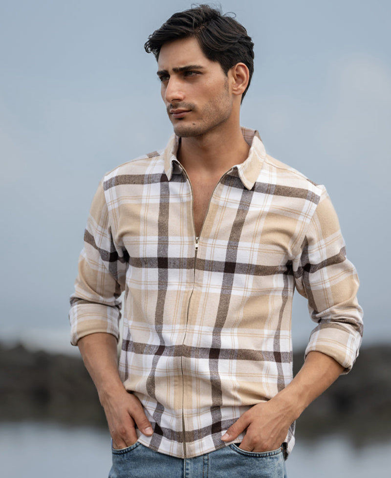 Beige Checks Zipper Shirt