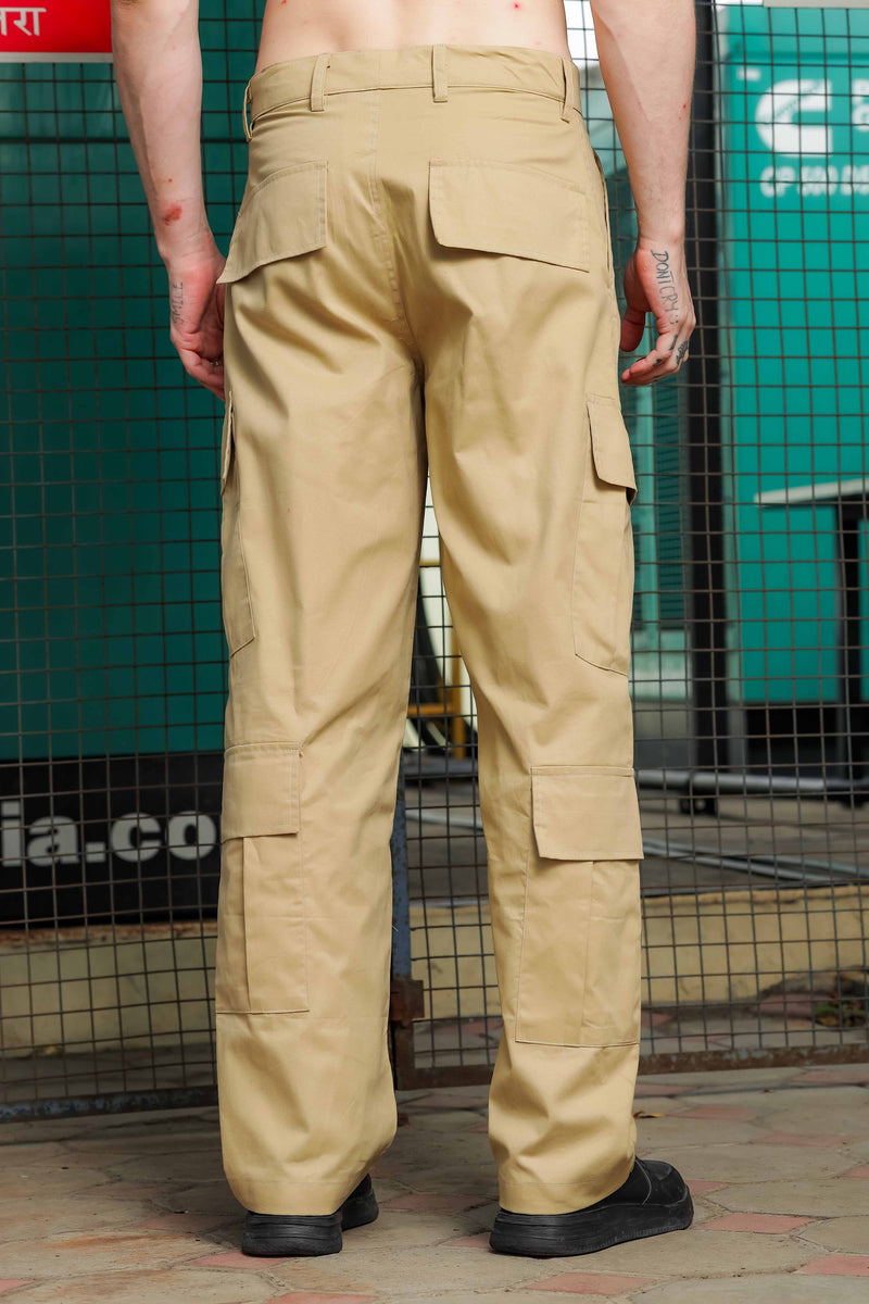 Unisex Baggy fit Pure Cotton Khaki 8-Pocket Cargo Trousers