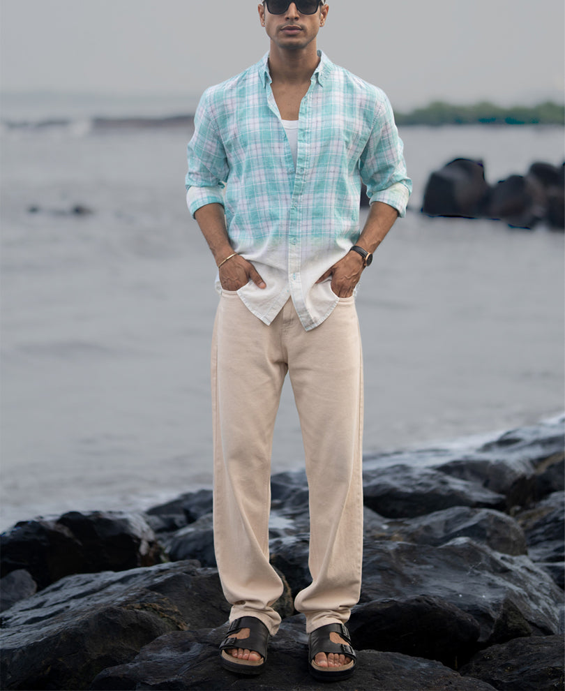 Aqua Blue Light Weight Ombre Checks Shirt