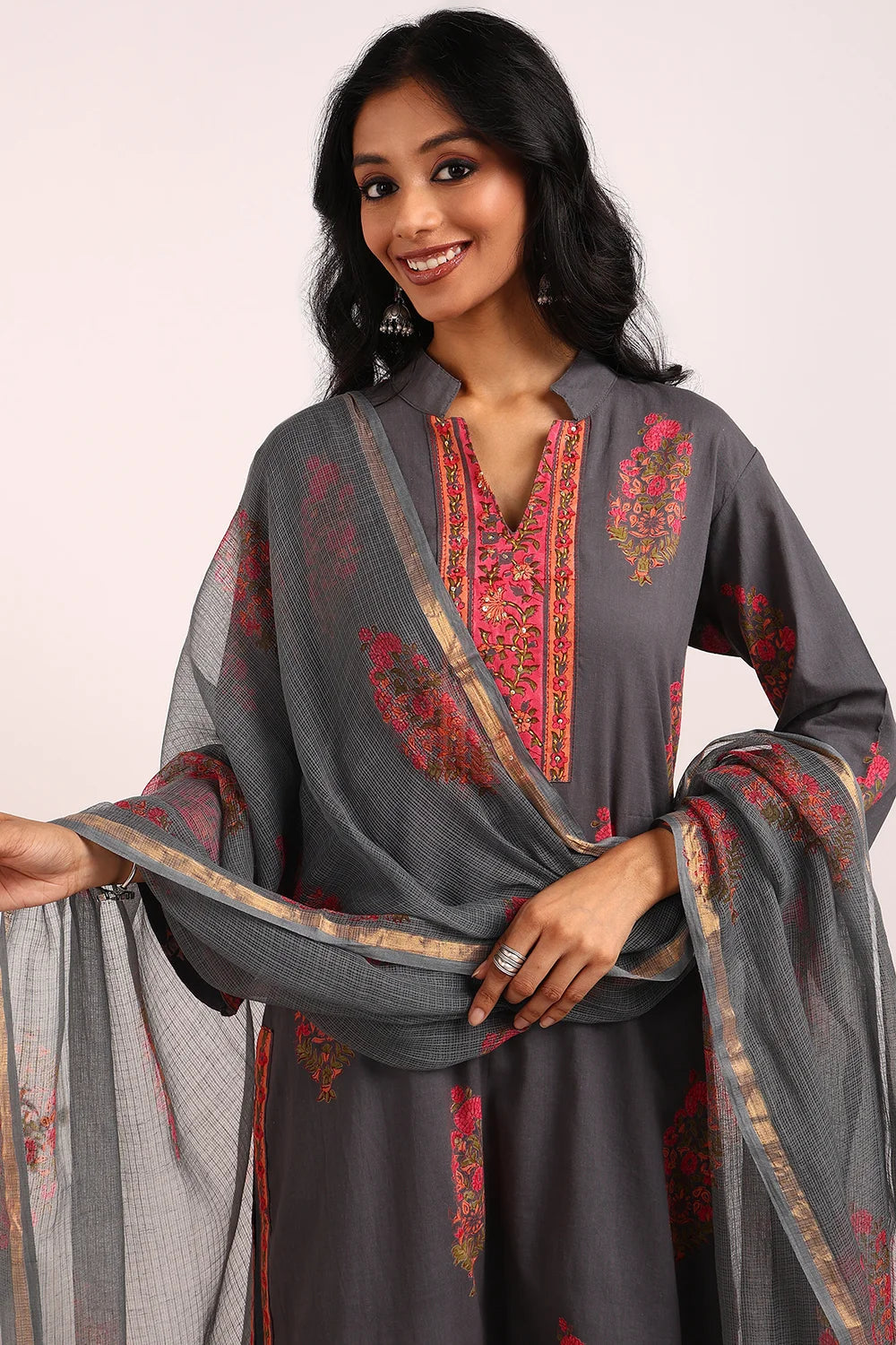 Grey-Pink Kota Doria Dupatta