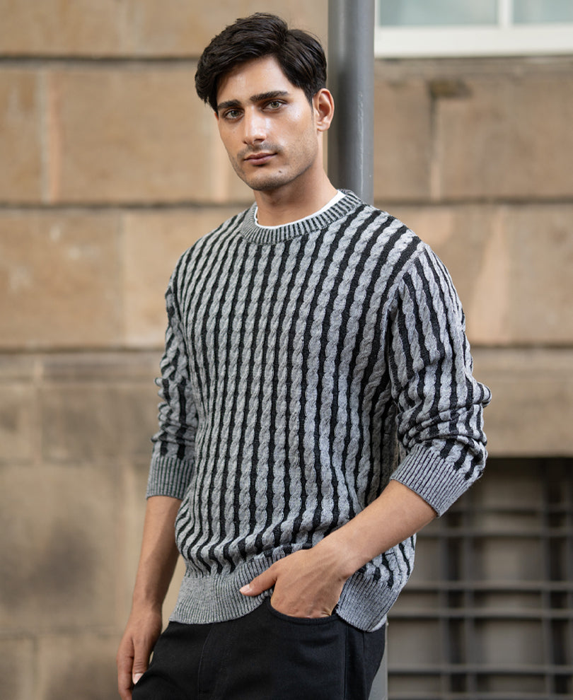 Grey And Black Cable Knit Sweater