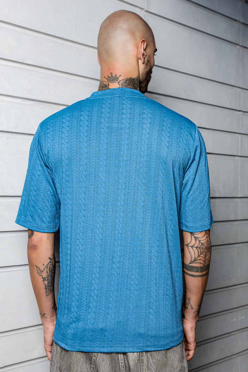 Unisex Blue Textured Round Neck Oversized T-shirt