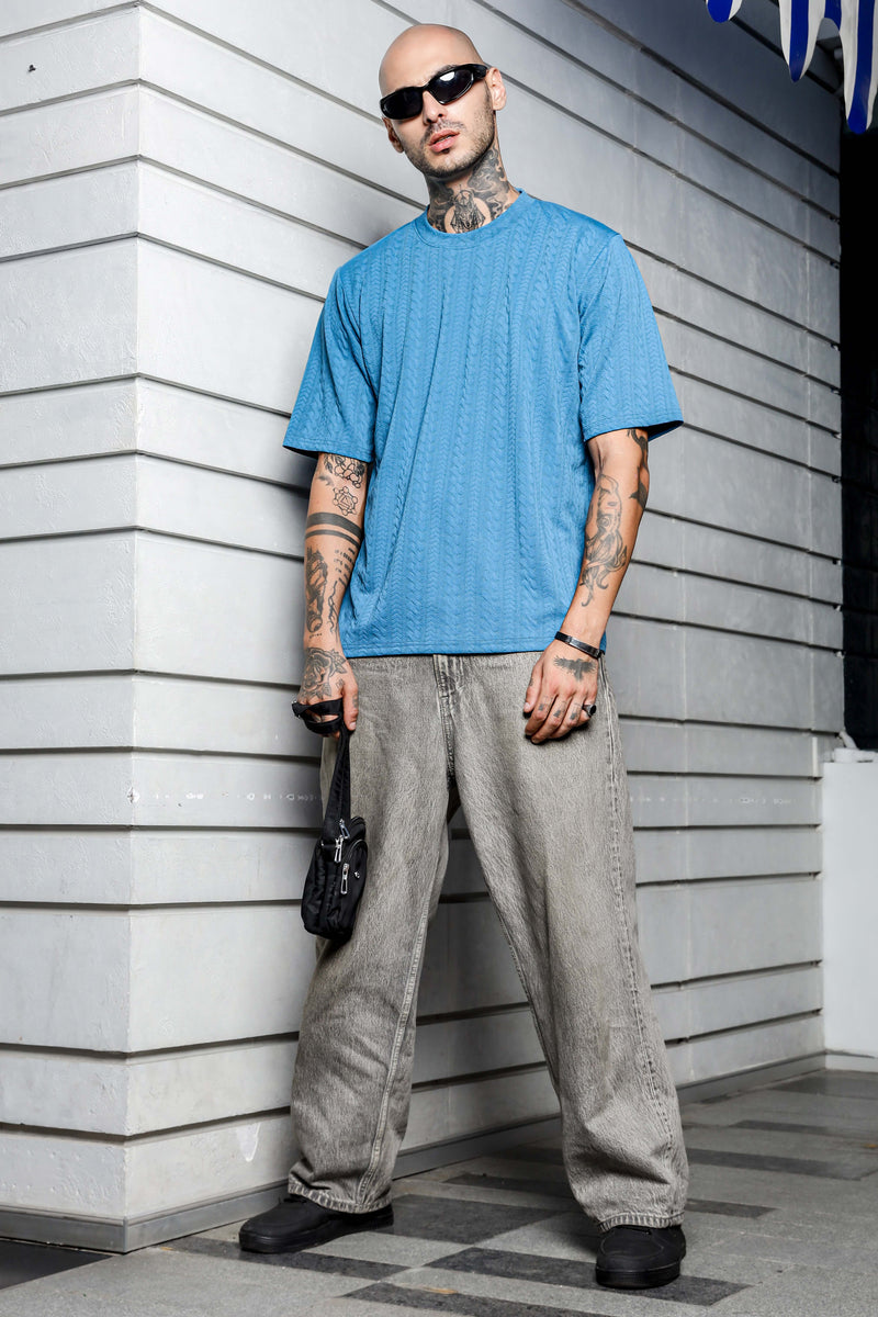 Unisex Blue Textured Round Neck Oversized T-shirt