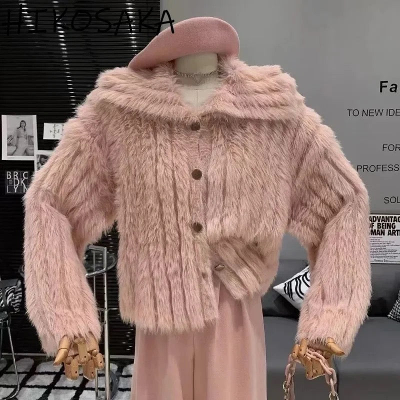 Kaya Cute Woolen Fur Sweater with Buttons - Peach