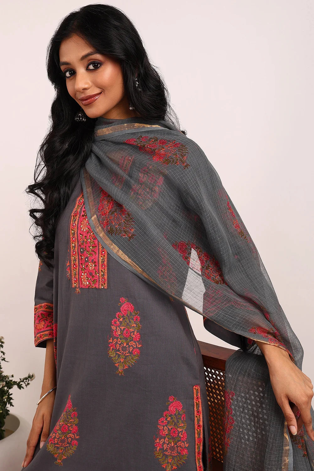 Grey-Pink Kota Doria Dupatta