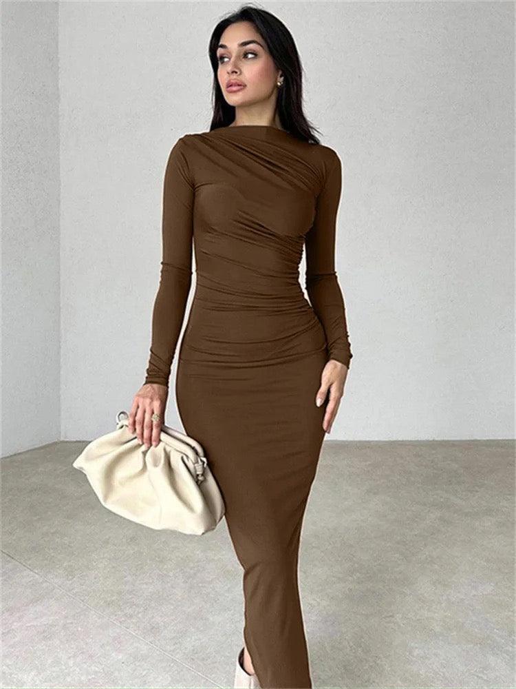 Mariam Luxe Pleated Maxi Dress - Brown