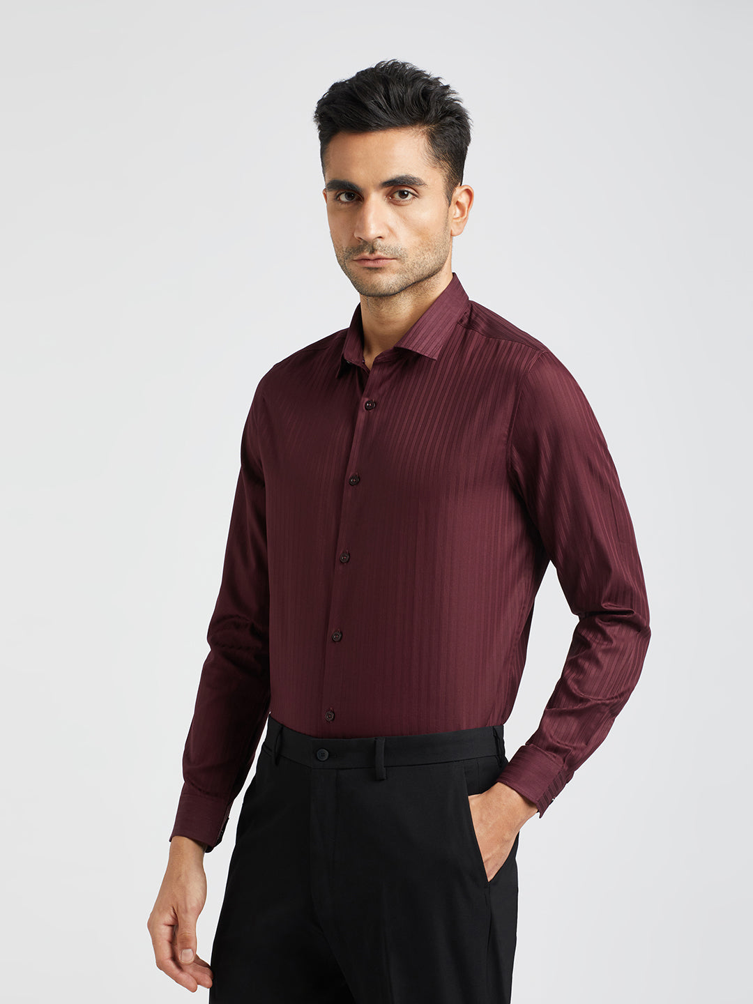 Conrad - Men Maroon Striped Tailored Fit Cotton Formal Shirt