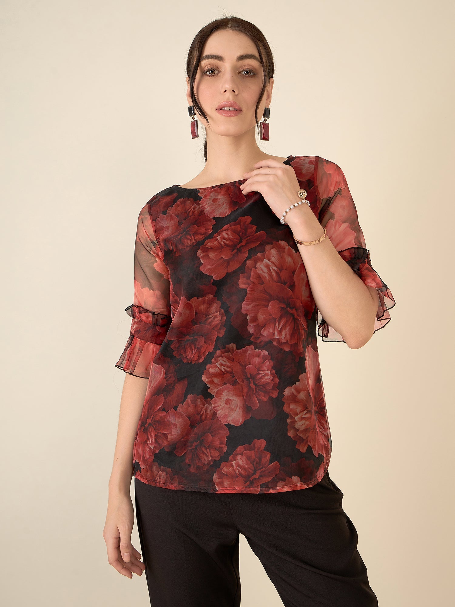Asharfi Floral Ruffled Sleeves Top-Red/Black