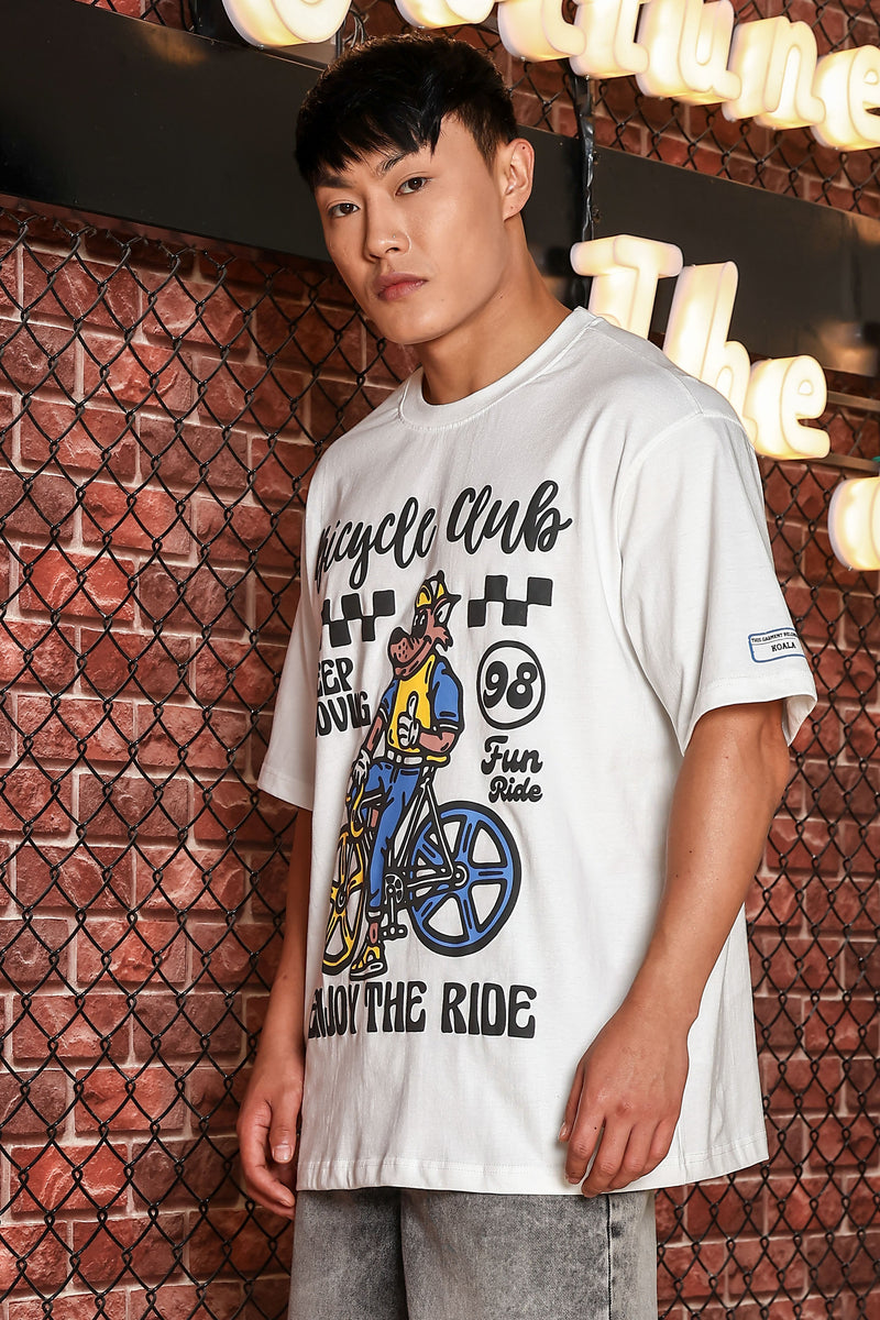 White Oversized Printed Premium Drop-Shoulder Sleeve Pure Cotton T-shirt
