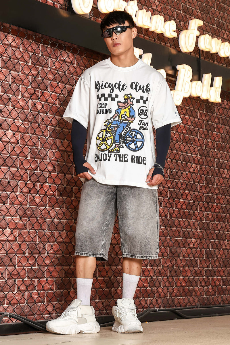 White Oversized Printed Premium Drop-Shoulder Sleeve Pure Cotton T-shirt