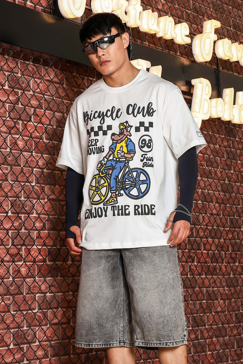 White Oversized Printed Premium Drop-Shoulder Sleeve Pure Cotton T-shirt