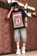 Black Oversized Printed Premium Drop-Shoulder Sleeve Pure Cotton T-shirt