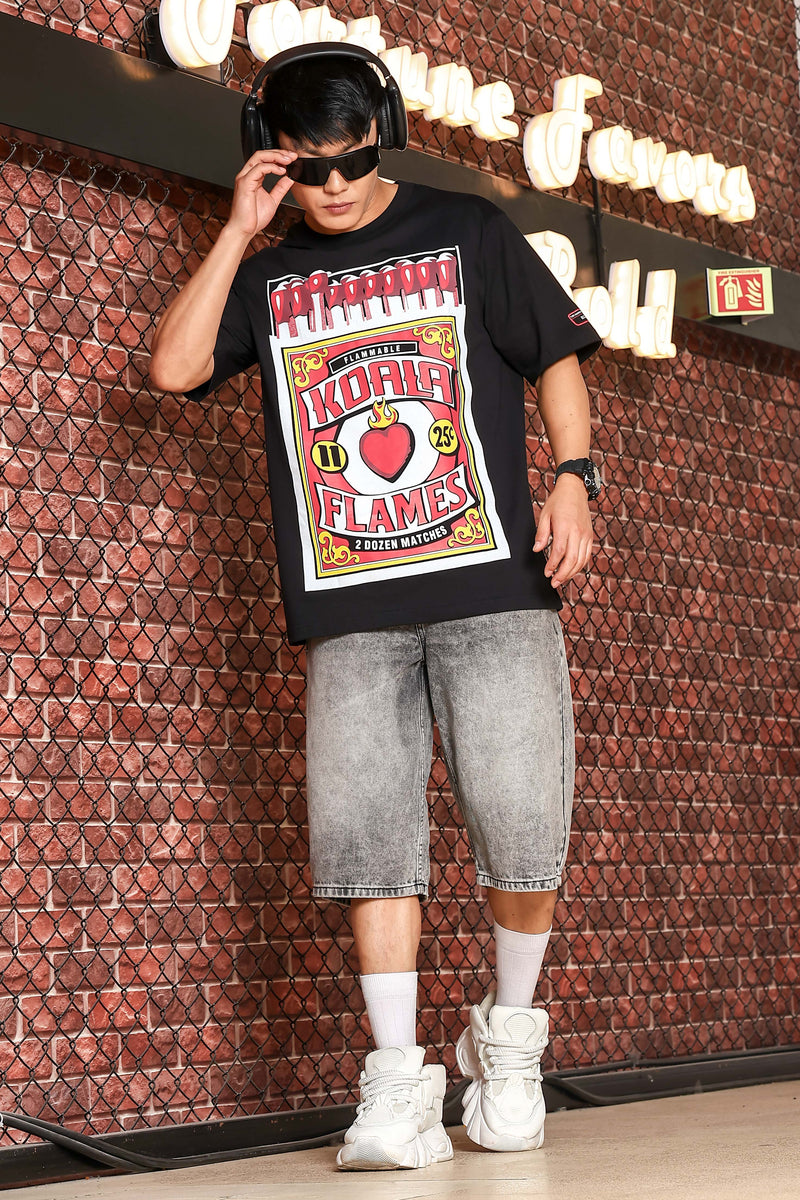 Black Oversized Printed Premium Drop-Shoulder Sleeve Pure Cotton T-shirt