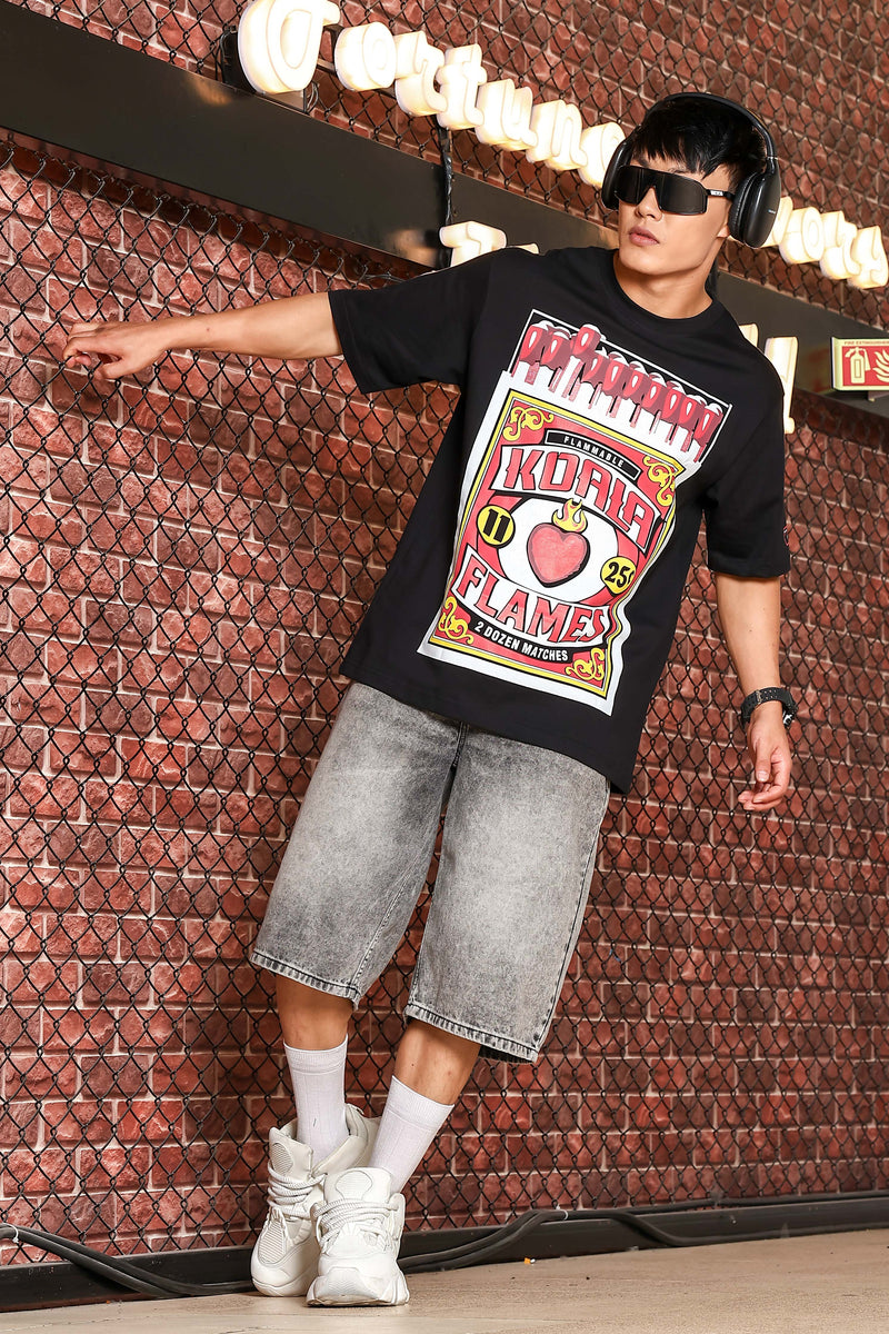 Black Oversized Printed Premium Drop-Shoulder Sleeve Pure Cotton T-shirt
