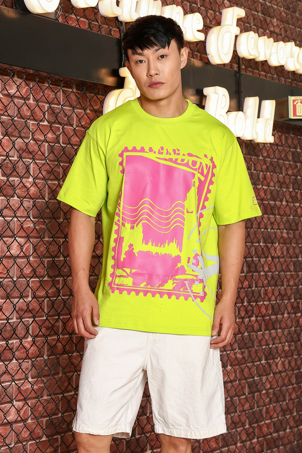 Neon Green Oversized Printed Drop-Shoulder Sleeve Pure Cotton T-shirt