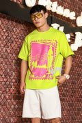 Neon Green Oversized Printed Drop-Shoulder Sleeve Pure Cotton T-shirt