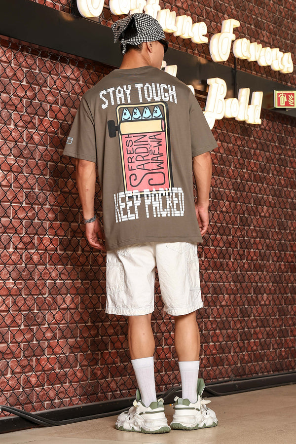 Grey Oversized Printed Premium Drop-Shoulder Sleeve Pure Cotton T-shirt