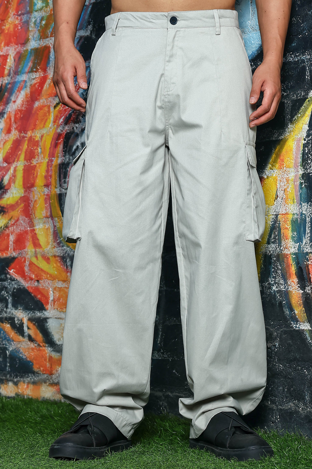 Unisex Baggy fit 6 Pocket Grey Cotton Cargo Trousers