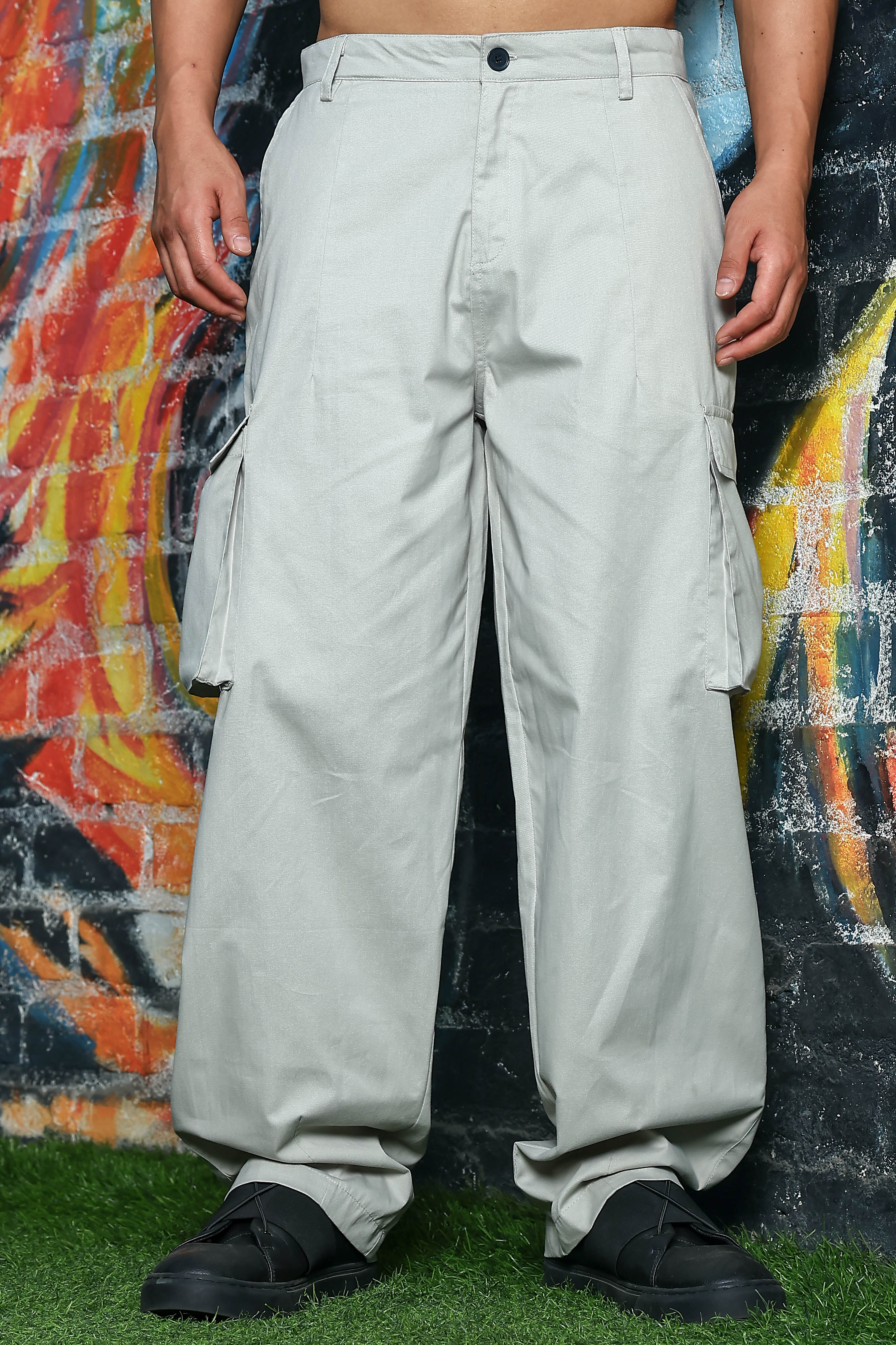 Unisex Baggy fit 6 Pocket Grey Cotton Cargo Trousers