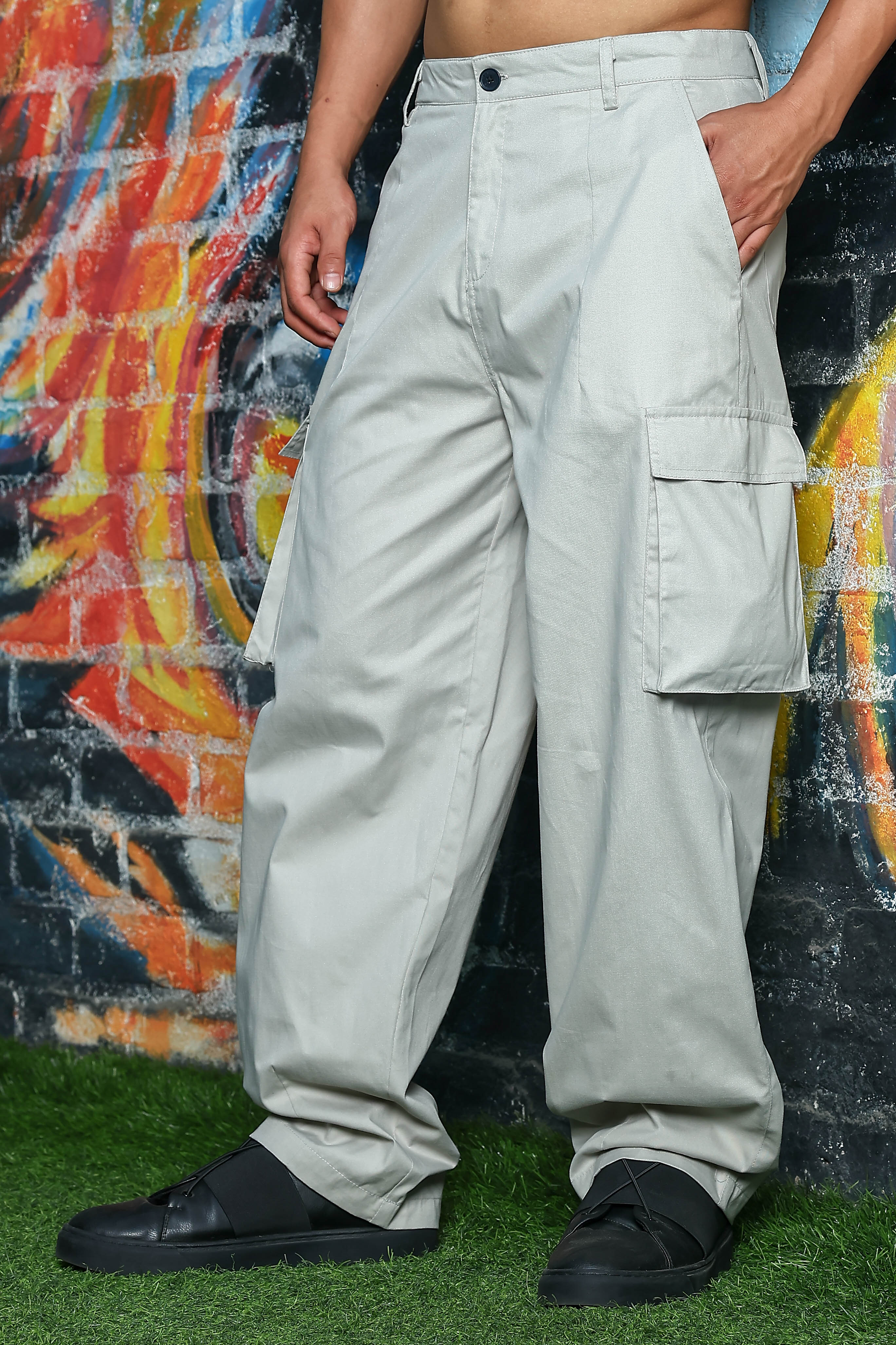 Unisex Baggy fit 6 Pocket Grey Cotton Cargo Trousers