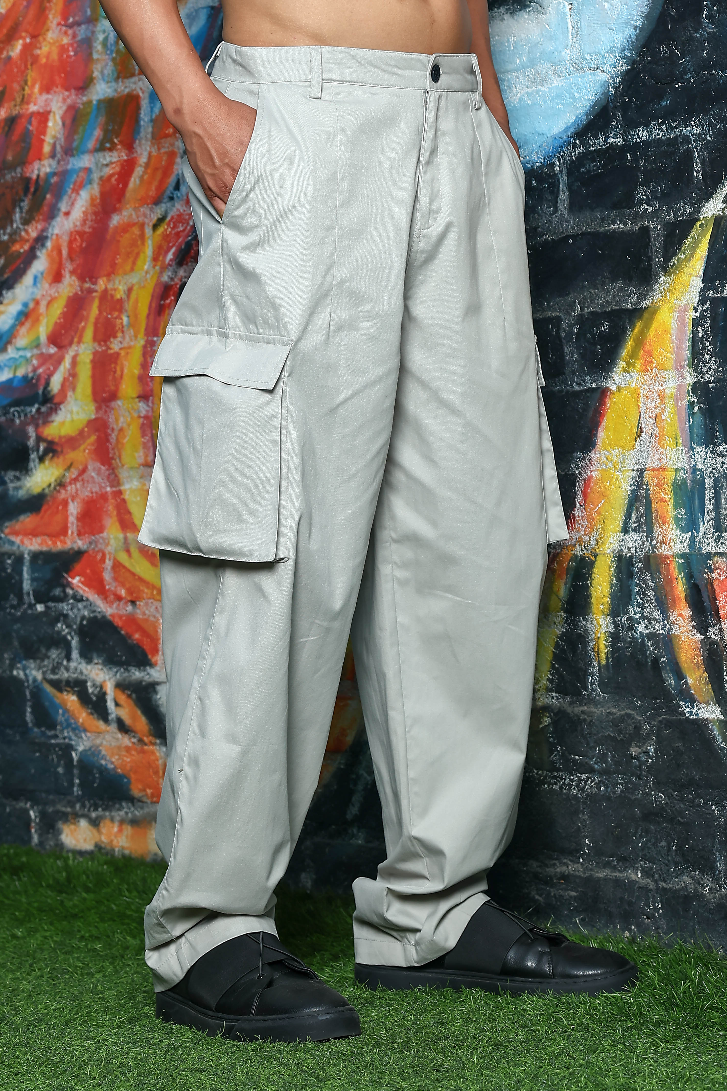 Unisex Baggy fit 6 Pocket Grey Cotton Cargo Trousers