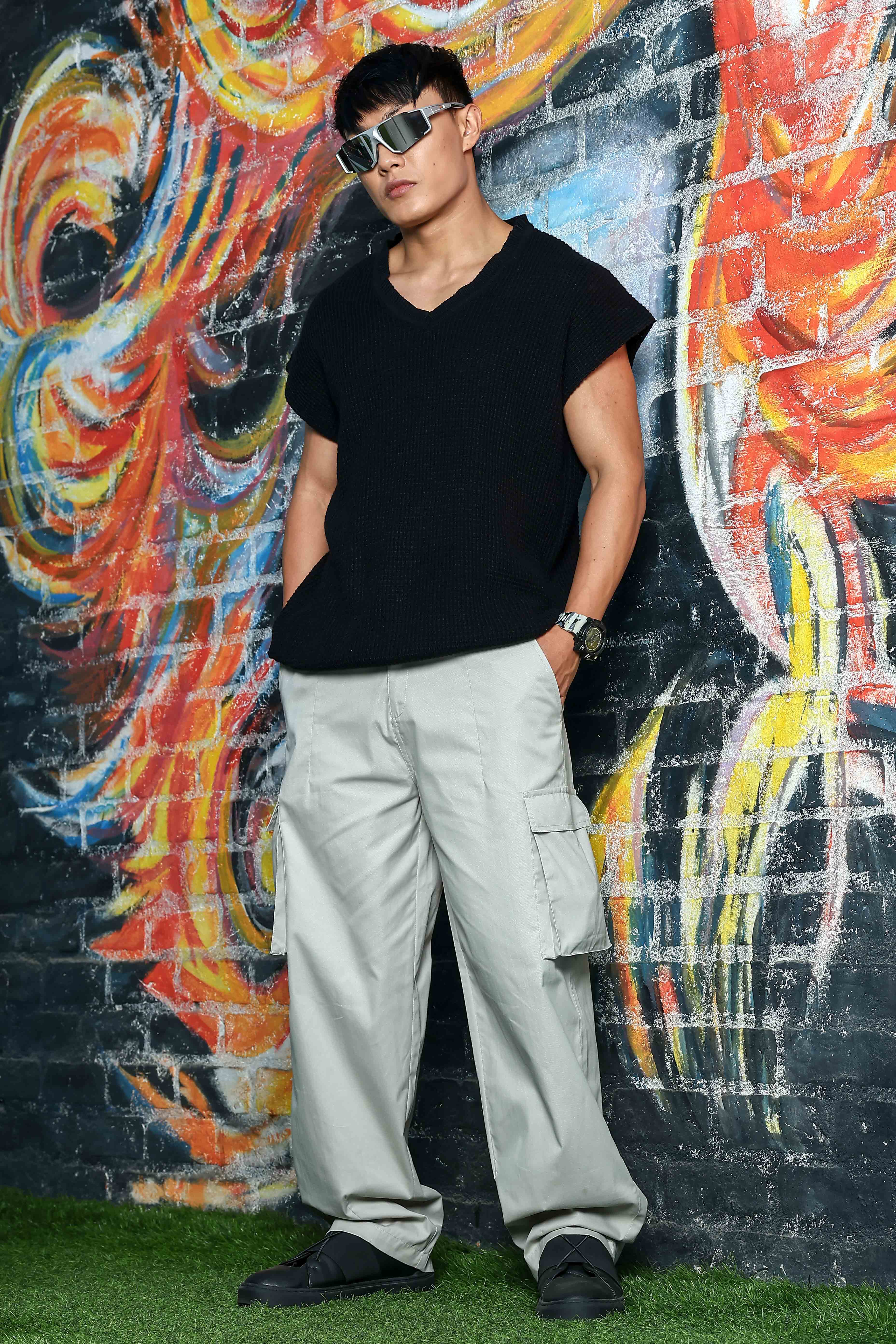 Unisex Baggy fit 6 Pocket Grey Cotton Cargo Trousers