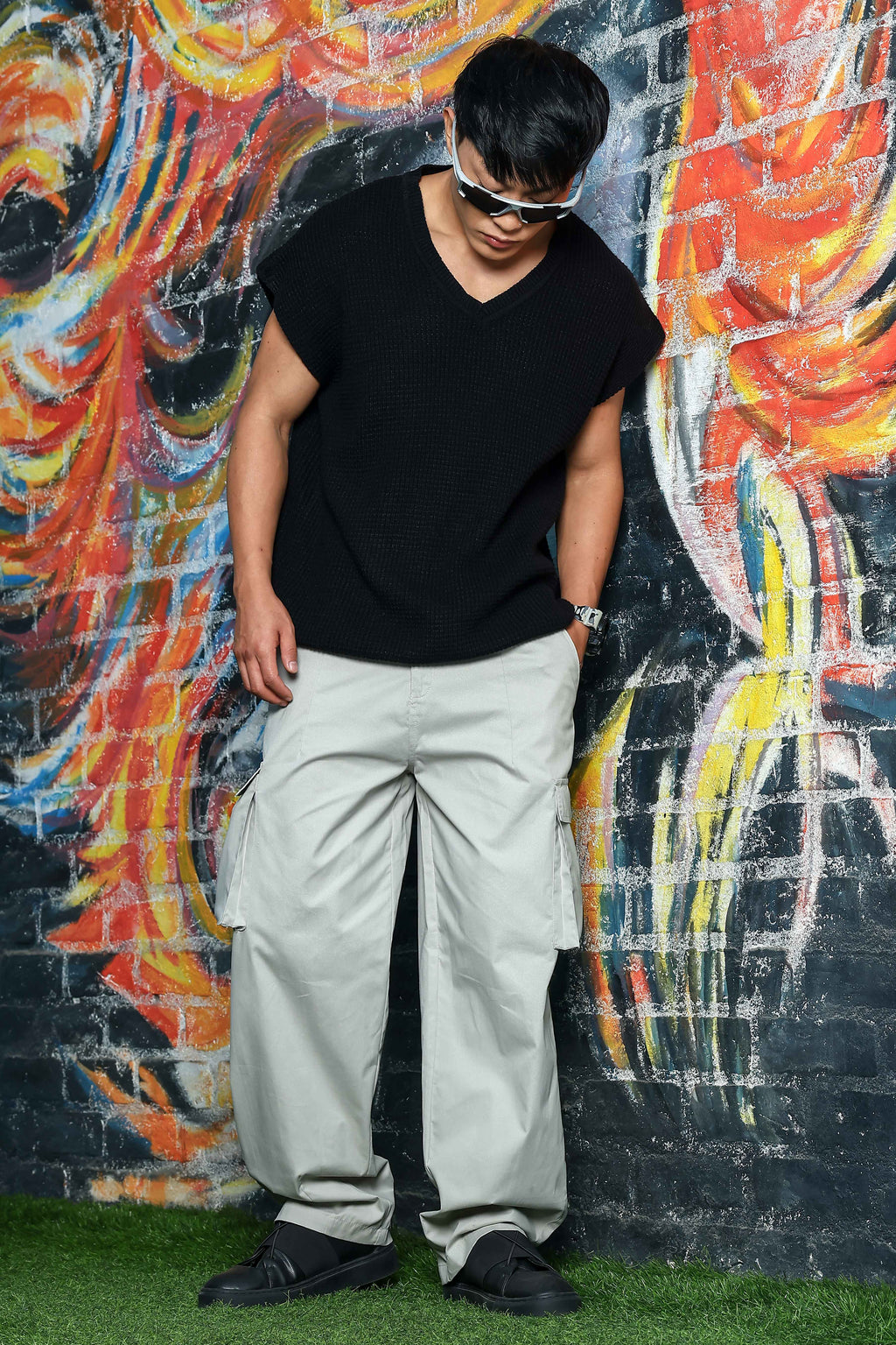 Unisex Baggy fit 6 Pocket Grey Cotton Cargo Trousers