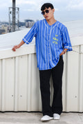 Men Stripe Printed Blue Classic Oversized Fit Baseball Shirt
