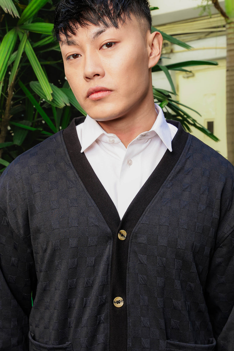 Black Textured Self Design V-Neck Knitted Cardigan