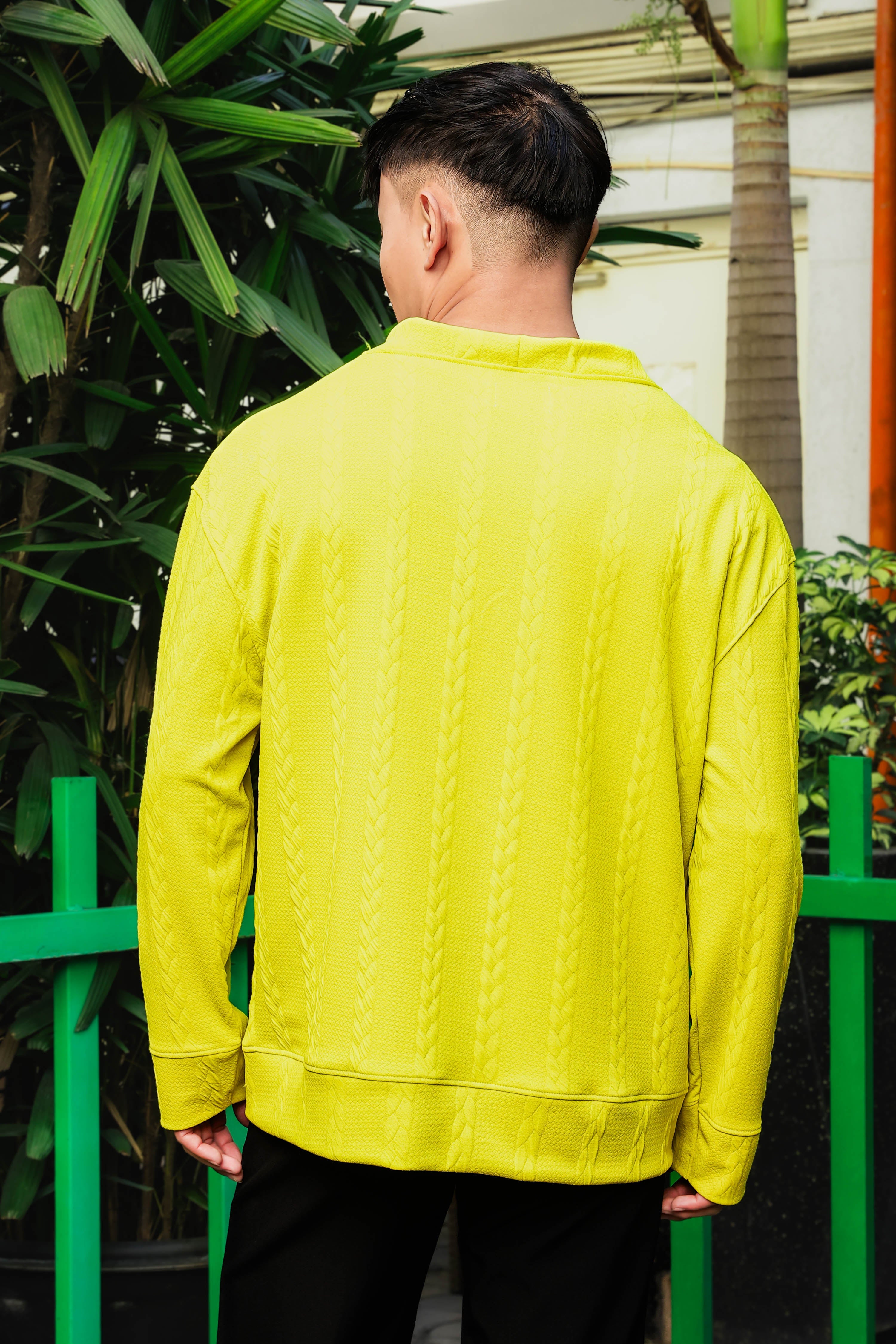 Neon Green Textured Self Design V-Neck Knitted T-Shirt