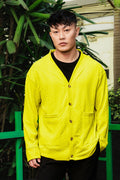 Neon Green Textured Self Design V-Neck Knitted T-Shirt