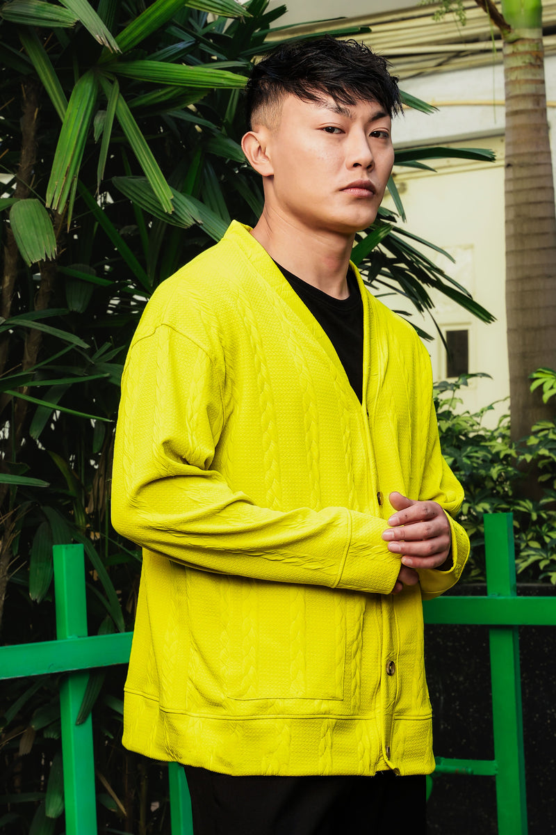 Neon Green Textured Self Design V-Neck Knitted T-Shirt