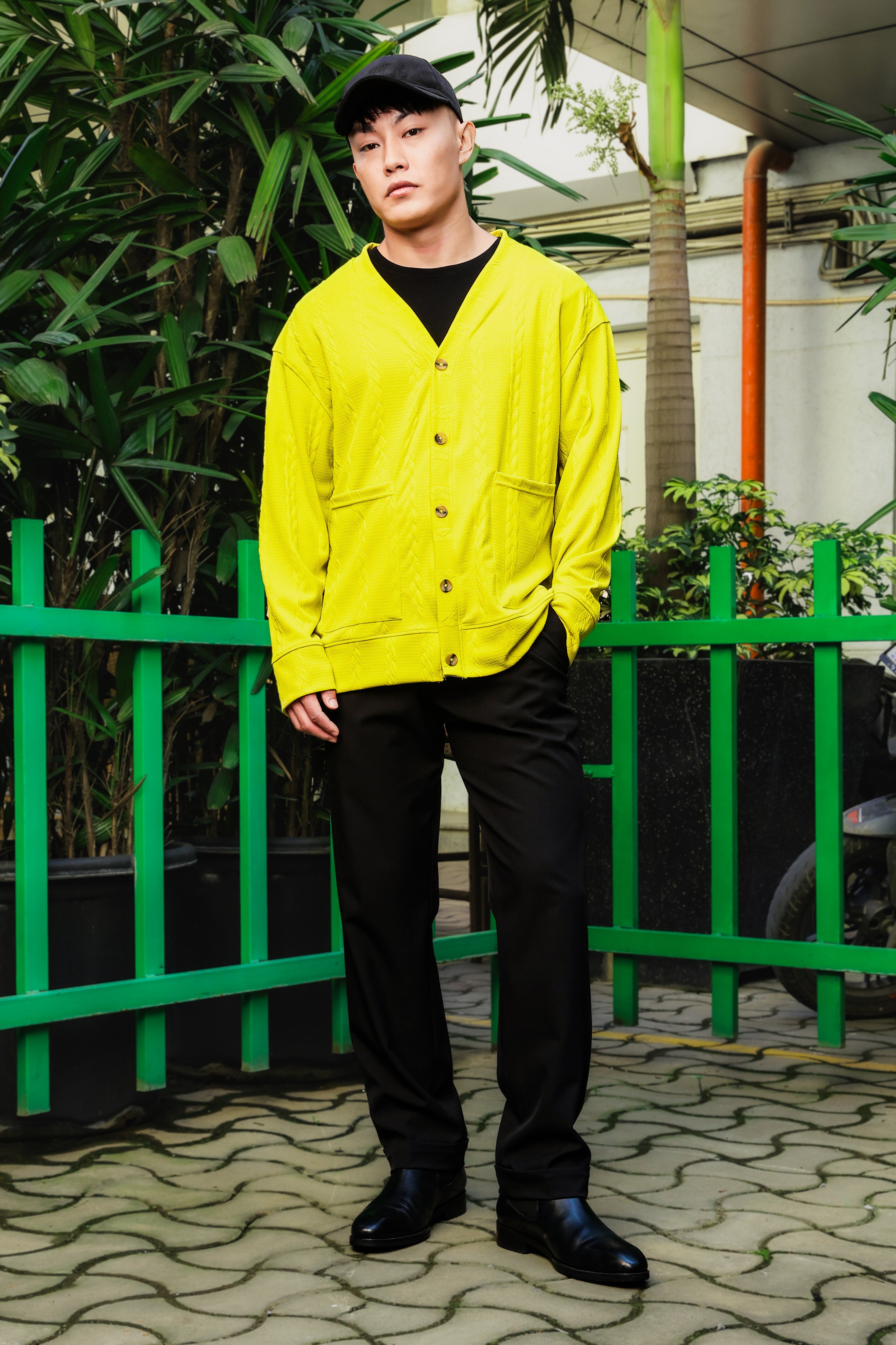 Neon Green Textured Self Design V-Neck Knitted T-Shirt