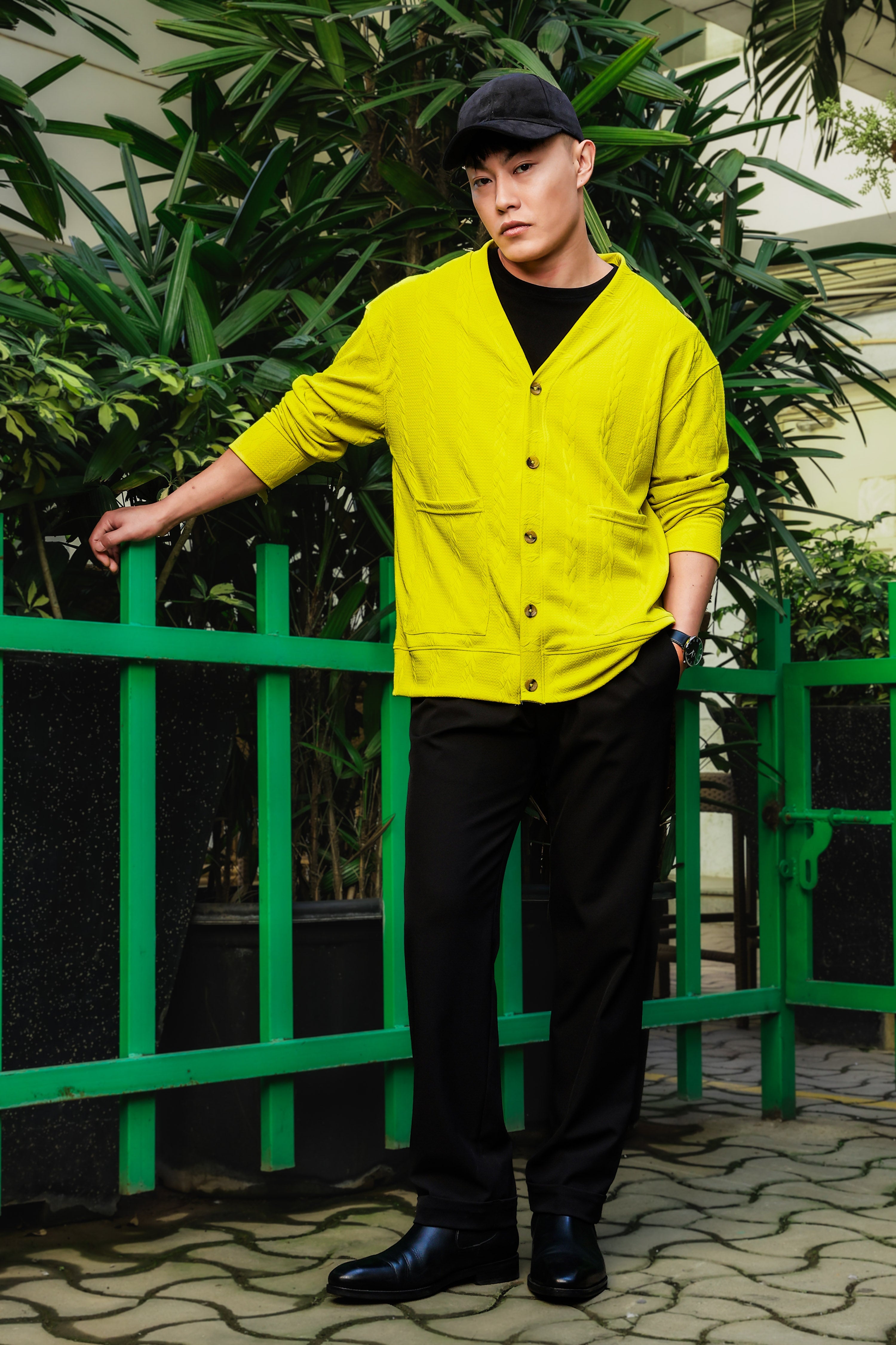 Neon Green Textured Self Design V-Neck Knitted T-Shirt