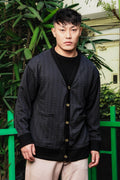 Black Textured & Self Design V-Neck Knitted Cardigan