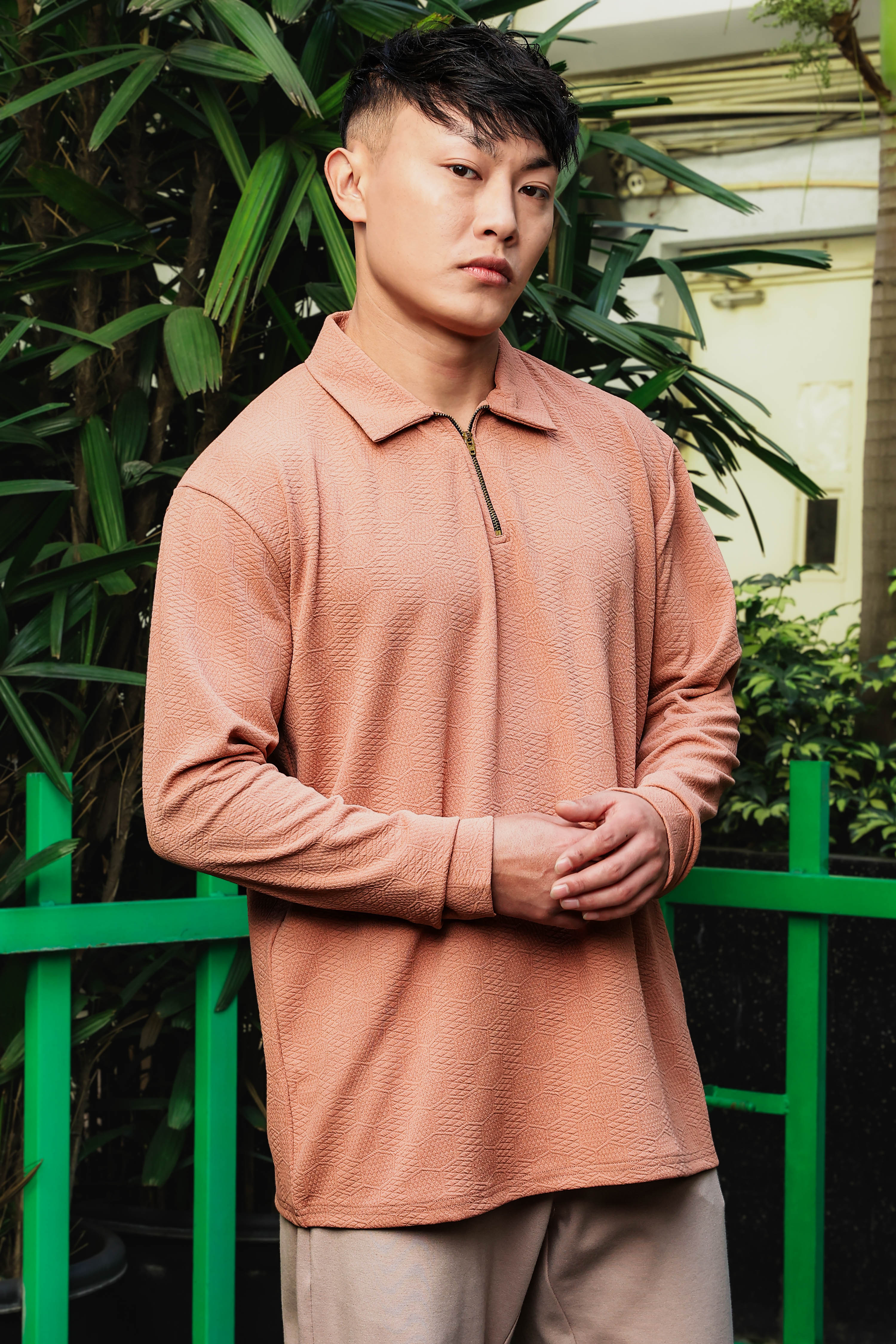 Brown Solid Textured Cable Knit Drop-Shoulder Relaxed Fit Polo Neck Full Sleeve T-Shirt