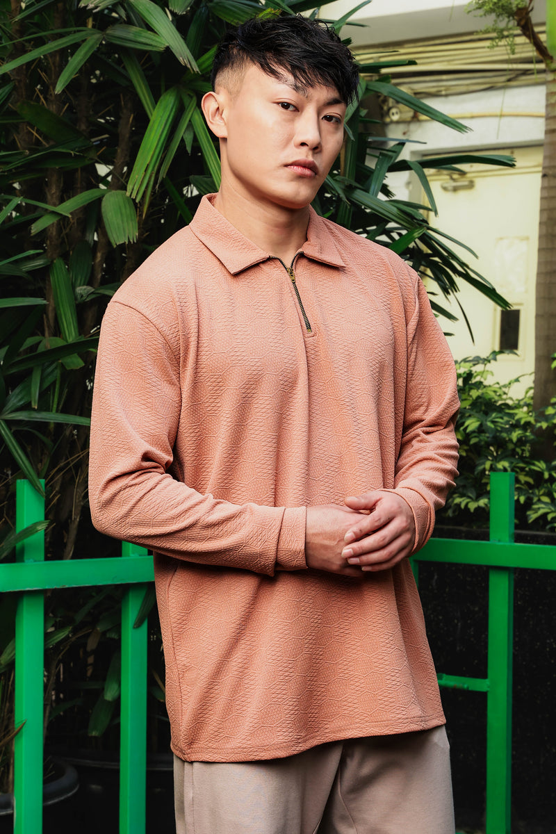Brown Solid Textured Cable Knit Drop-Shoulder Relaxed Fit Polo Neck Full Sleeve T-Shirt